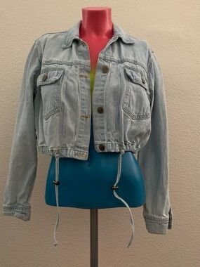 Mono B Light Blue Cropped Drawstring Denim Jacket